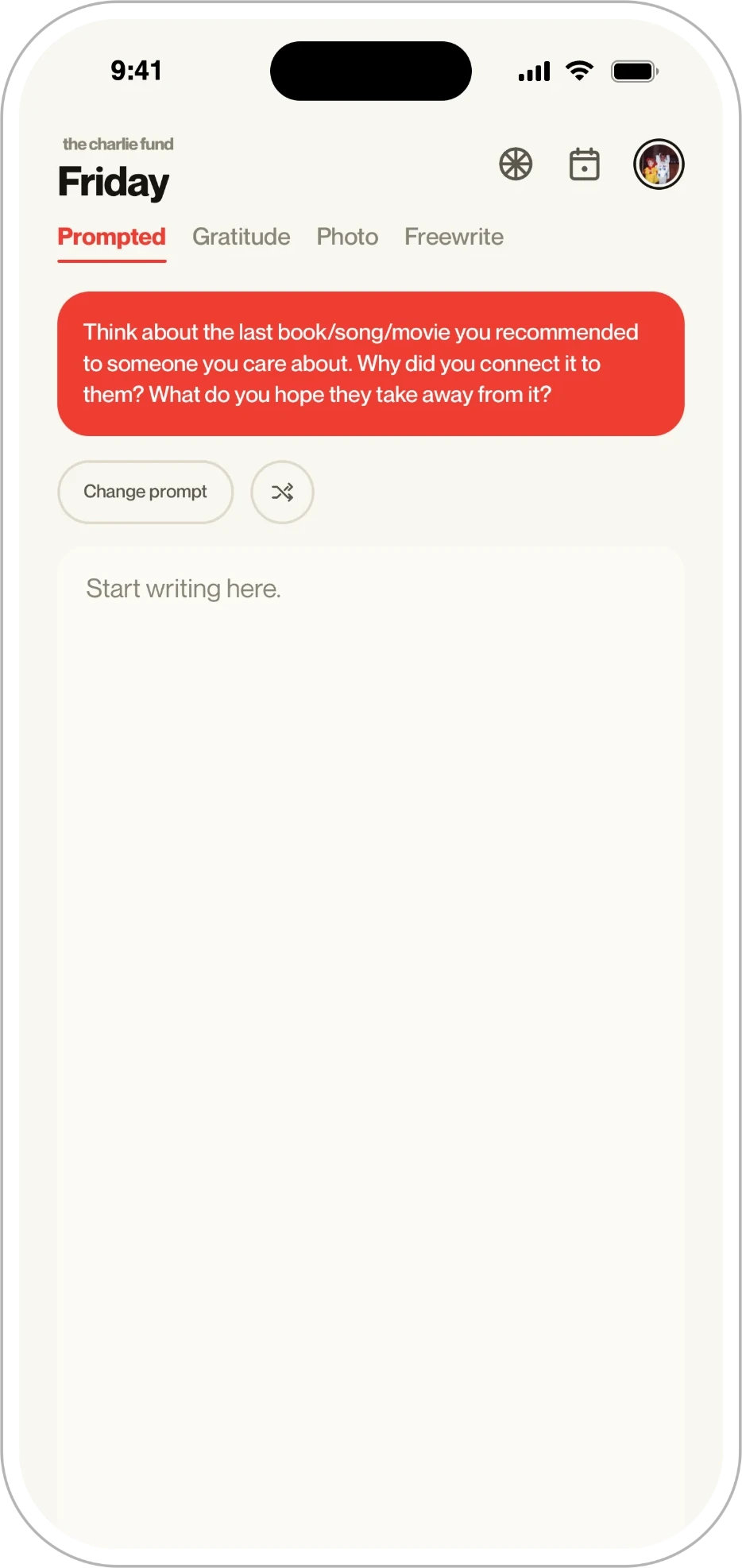 The Charlie app showing a daily writing prompt